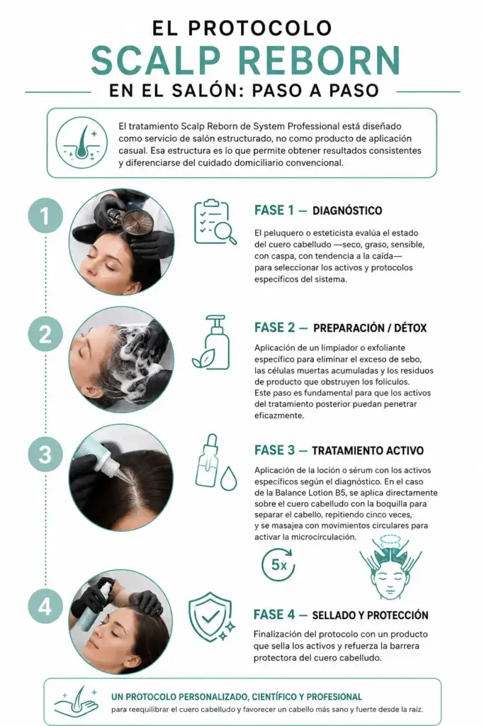 Infografía que explica las cuatro fases del tratamiento Scalp Reborn de System Professional: diagnóstico, preparación detox, tratamiento activo y sellado protector del cuero cabelludo.