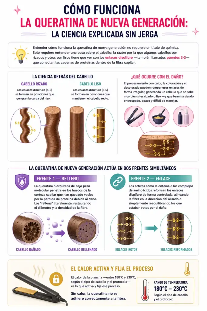 Cómo funciona la queratina de nueva generación en el cabello Infografía que explica cómo actúa la queratina de nueva generación sobre la fibra capilar, reparando daños, restaurando proteínas y reformando los enlaces disulfuro mediante calor.
