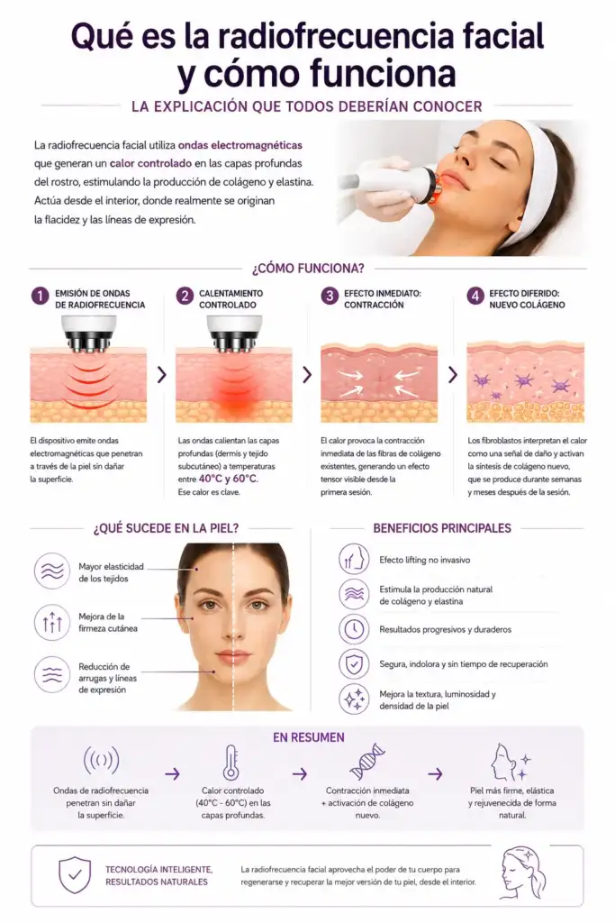 Qué es la radiofrecuencia facial y cómo funciona: infografía explicativa Infografía sobre el funcionamiento de la radiofrecuencia facial, estimulación del colágeno y beneficios para mejorar la firmeza y elasticidad de la piel.