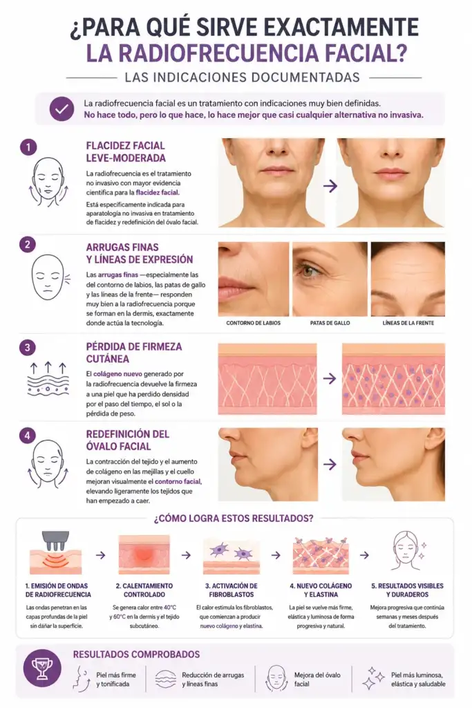 Para qué sirve la radiofrecuencia facial: indicaciones y beneficios documentados Infografía sobre las indicaciones de la radiofrecuencia facial para tratar flacidez, arrugas, pérdida de firmeza y redefinición del óvalo facial.