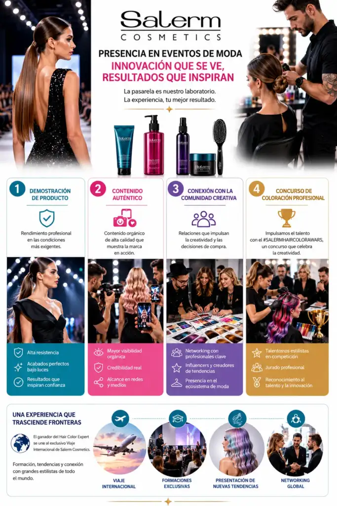 Estrategia de Salerm Cosmetics en eventos de moda y peluquería profesional Infografía sobre la estrategia de Salerm Cosmetics en pasarelas de moda, mostrando demostración de producto, creación de contenido, networking profesional y concursos de coloración.