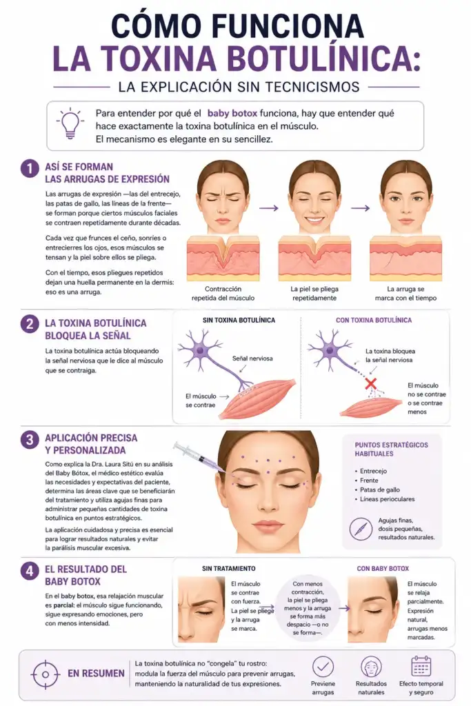 Cómo funciona la toxina botulínica: explicación visual del Baby Botox Infografía que explica cómo funciona la toxina botulínica y el Baby Botox, mostrando la formación de arrugas de expresión, el bloqueo de la señal nerviosa, la aplicación en puntos estratégicos y los resultados naturales del tratamiento.