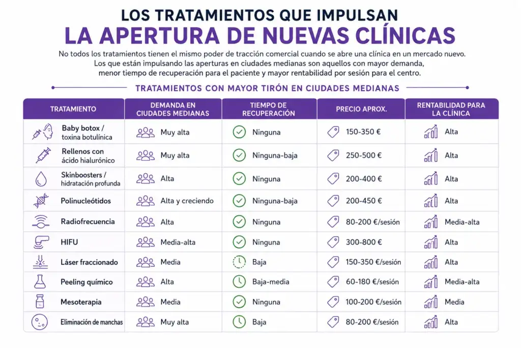 Tratamientos estéticos con mayor demanda para nuevas clínicas en 2026 Infografía comparativa de los tratamientos de medicina estética más demandados en ciudades medianas, incluyendo baby botox, ácido hialurónico, polinucleótidos, radiofrecuencia, HIFU y láser.