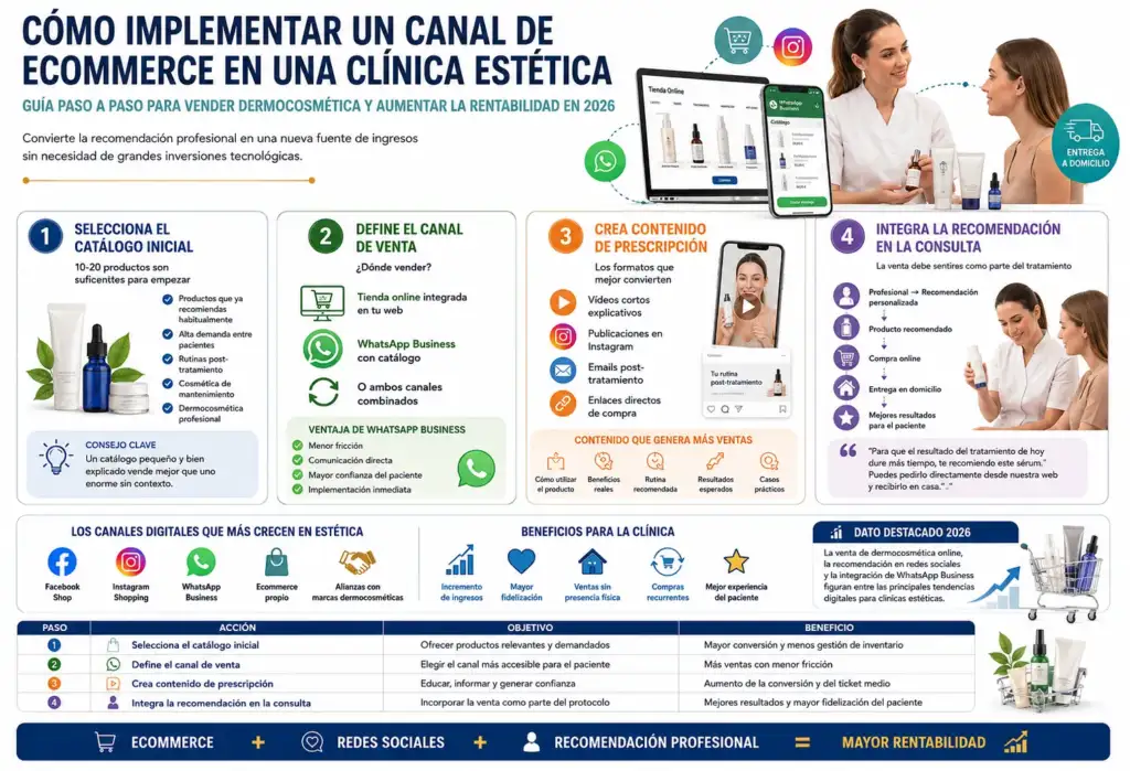 Cómo implementar un canal de ecommerce en una clínica estética Infografía sobre cómo implementar un canal de ecommerce en una clínica estética mediante catálogo de productos, WhatsApp Business, redes sociales y recomendaciones profesionales.