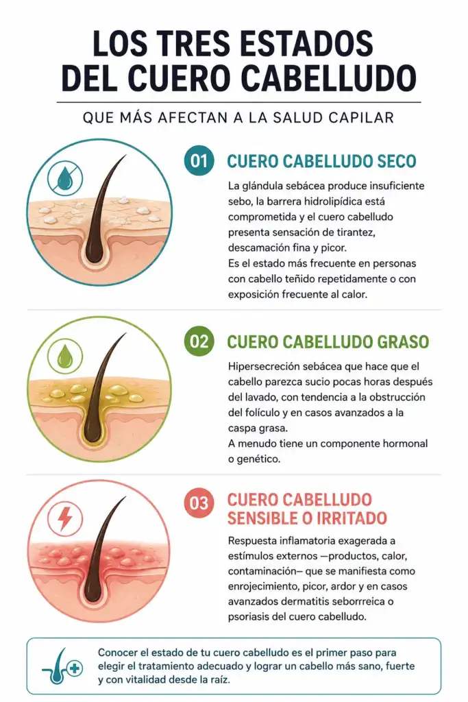 Infografía sobre cuero cabelludo seco, graso y sensible con sus características, síntomas y efectos sobre la salud capilar.