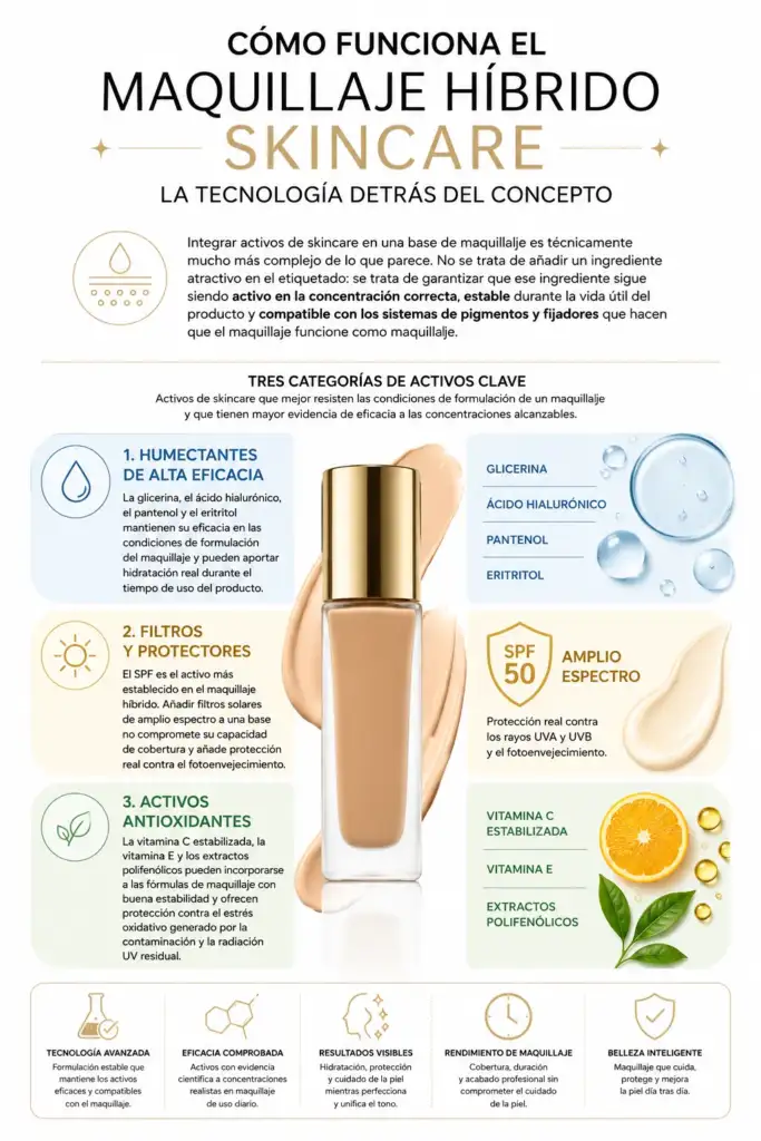 Cómo funciona el maquillaje híbrido skincare: la tecnología detrás del concepto Infografía sobre el funcionamiento del maquillaje híbrido skincare con humectantes, filtros solares SPF y activos antioxidantes integrados en fórmulas de maquillaje.