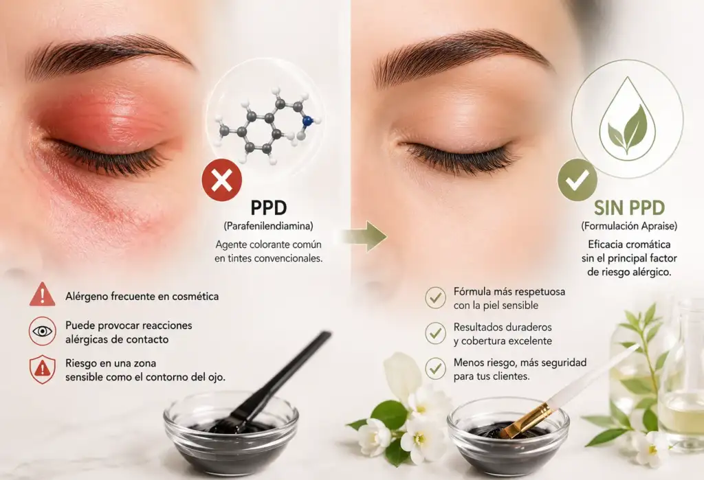 Comparativa visual entre una reacción alérgica provocada por PPD en el contorno ocular y una alternativa de tinte para cejas y pestañas sin PPD con menor riesgo de sensibilización.