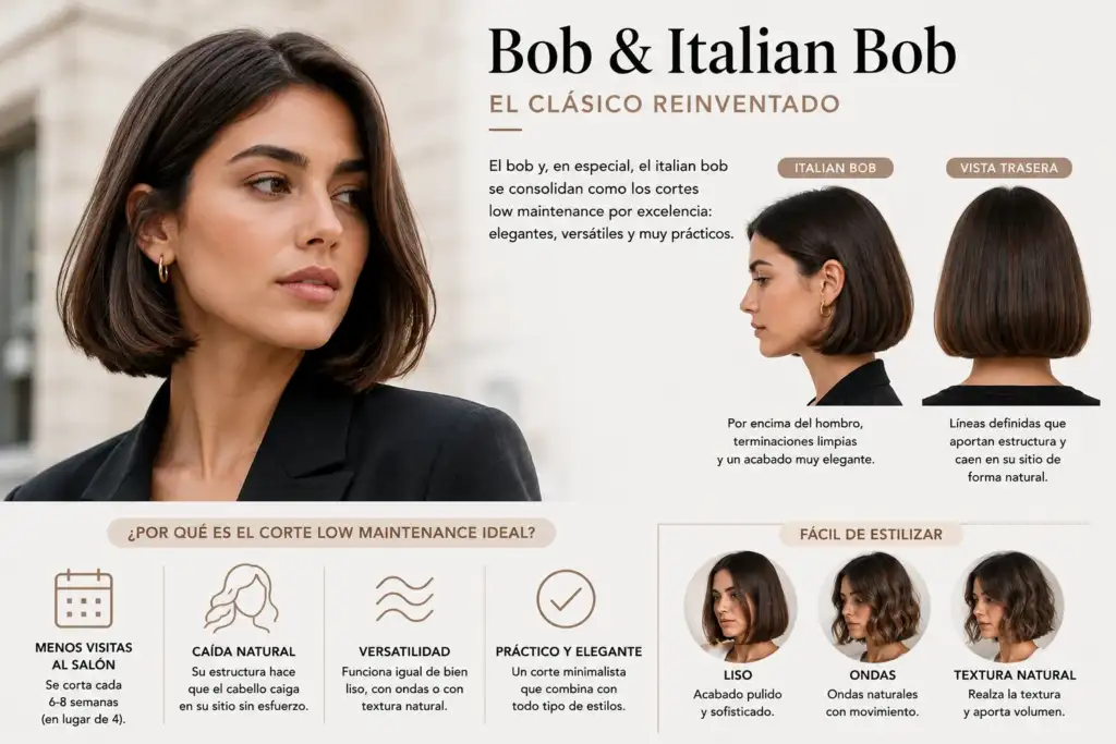 Infografía sobre el corte Italian Bob, mostrando sus características, ventajas de bajo mantenimiento y diferentes opciones de peinado.