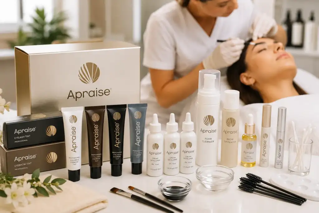 Kit de inicio profesional Apraise con tintes para cejas y pestañas, reveladores, limpiador, exfoliante y accesorios de aplicación en un centro de estética.