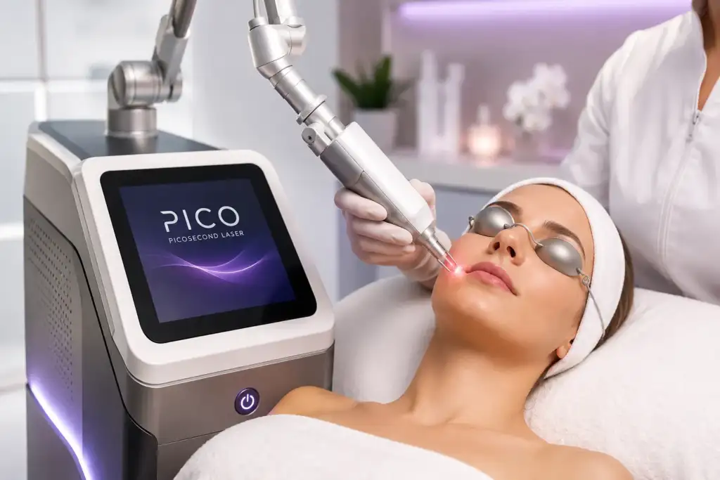Láser picosegundo fraccionado de nueva generación para rejuvenecimiento cutáneo Tratamiento con láser picosegundo fraccionado para rejuvenecimiento facial y eliminación de manchas en clínica estética avanzada.