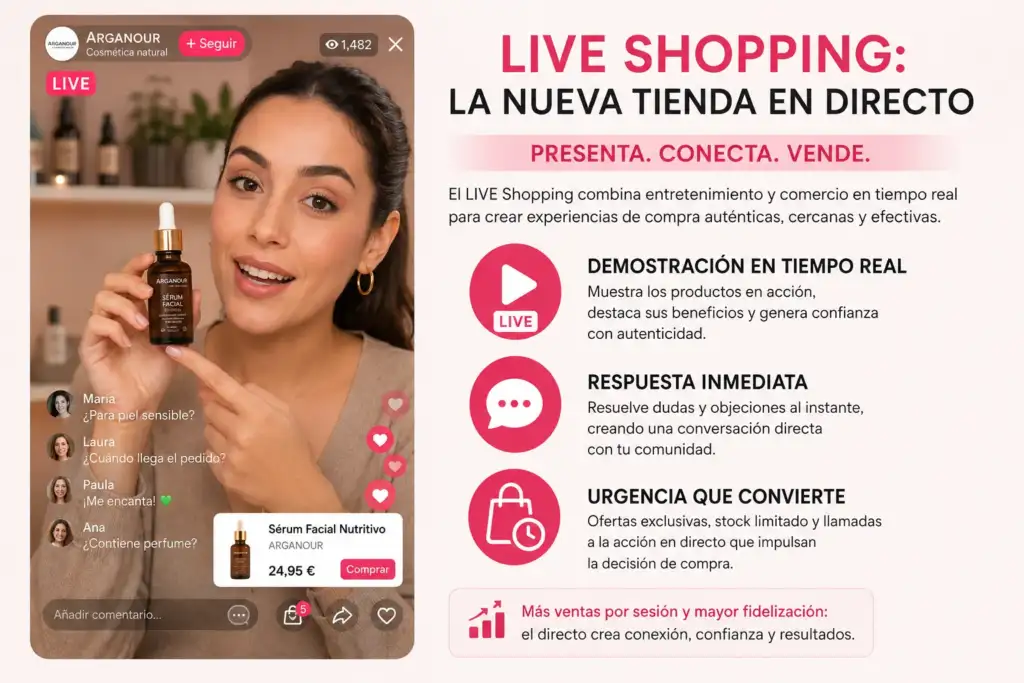 Infografía sobre LIVE Shopping que muestra cómo las transmisiones en directo ayudan a vender productos de belleza mediante demostraciones, interacción en tiempo real y compra inmediata.