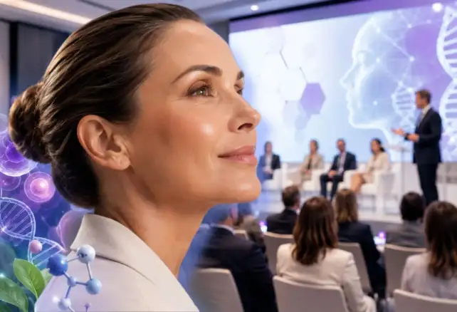 Especialistas asistiendo a un congreso de medicina estética y longevidad con elementos visuales relacionados con genética, regeneración celular y bienestar.