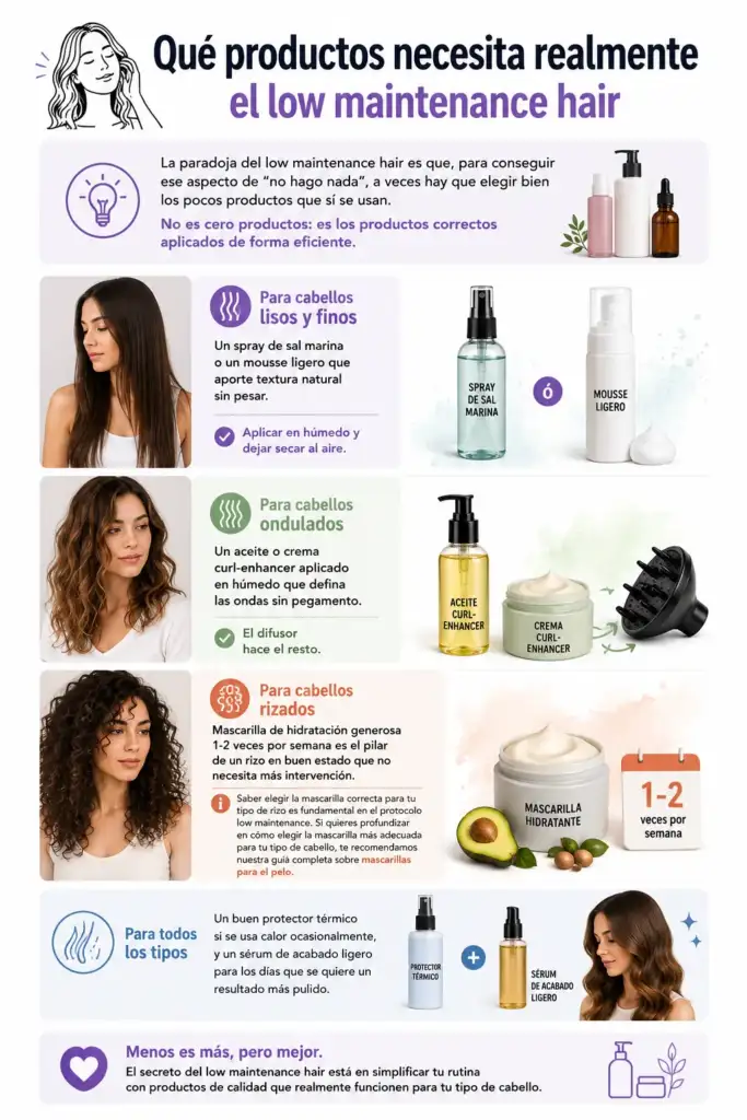 Infografía con los productos recomendados para una rutina low maintenance hair según el tipo de cabello: liso, ondulado, rizado y uso general.