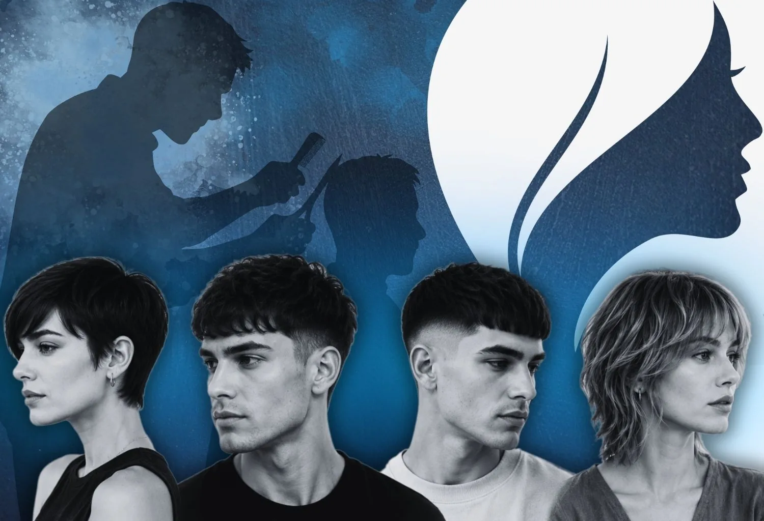 Composición visual con diferentes cortes de pelo de bajo mantenimiento para mujer y hombre, representando las tendencias capilares más demandadas en 2026.