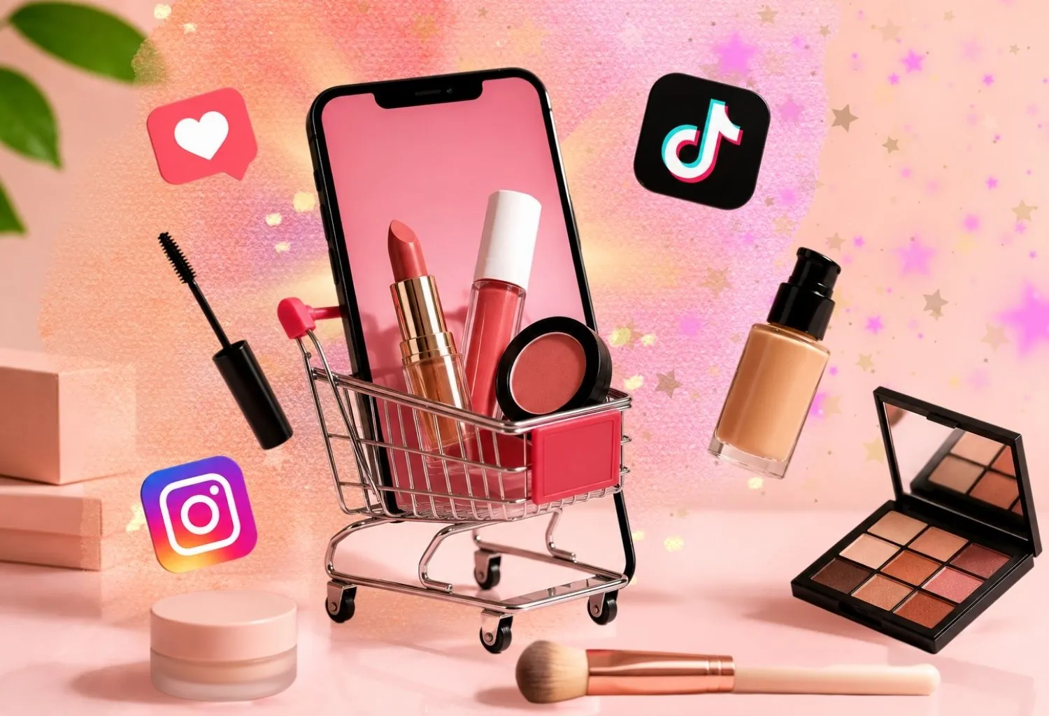 Productos de maquillaje junto a un smartphone y redes sociales representando el crecimiento de las marcas DTC en el sector beauty.