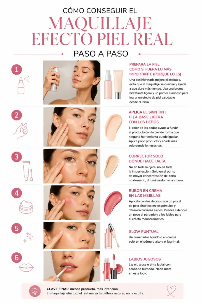 Cómo conseguir el maquillaje efecto piel real paso a paso Infografía paso a paso para conseguir un maquillaje efecto piel real con preparación de la piel, skin tint, corrector localizado, rubor en crema, iluminador y labios jugosos.