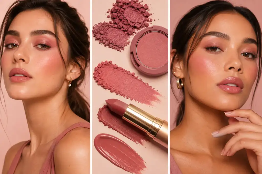 Collage de maquillaje monocromático rosado con modelos que combinan el mismo tono en ojos, mejillas y labios junto a productos cosméticos en tonos rosa.