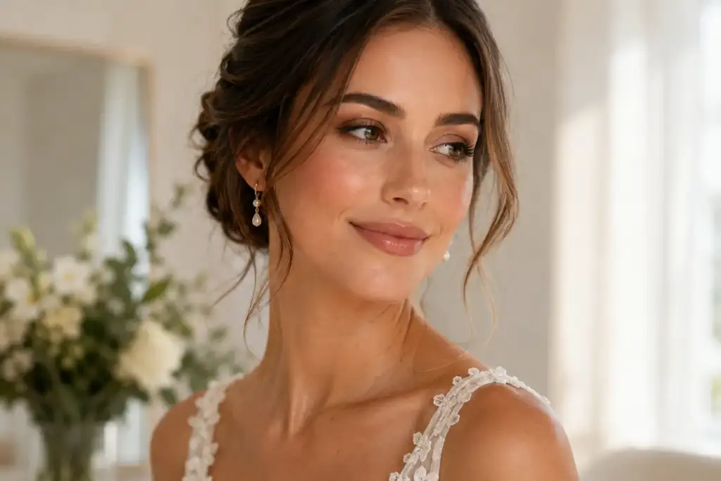 Maquillaje nupcial efecto buena cara con acabado natural y piel luminosa Novia con maquillaje natural de acabado luminoso, piel hidratada y efecto buena cara siguiendo las tendencias de maquillaje nupcial de 2026.