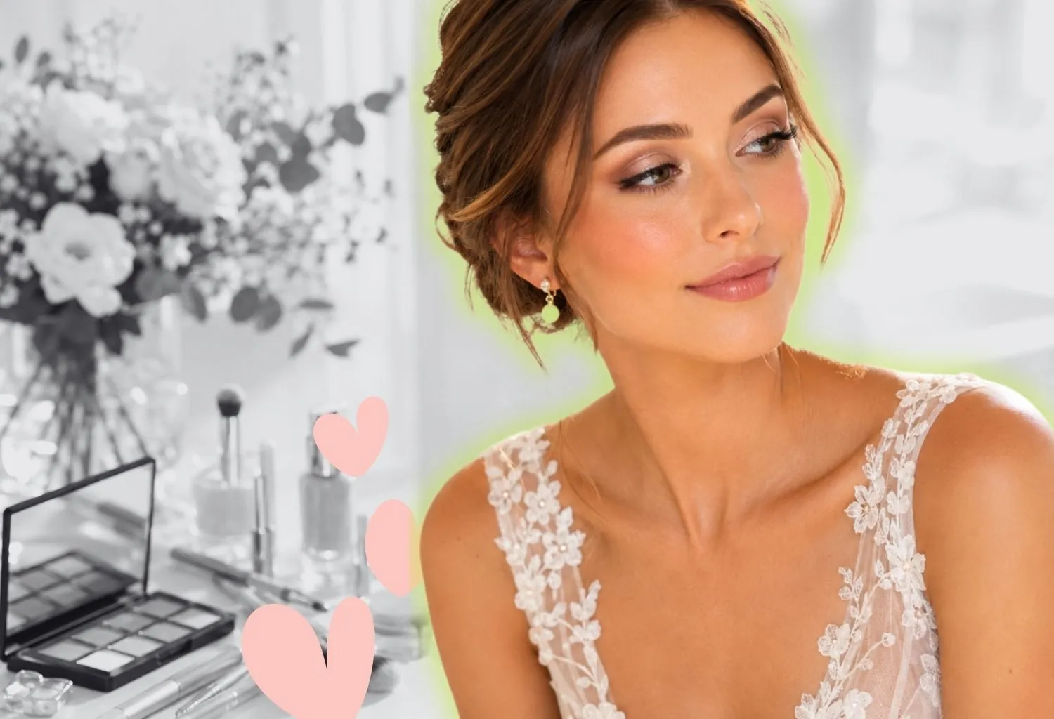 Novia con maquillaje luminoso y natural junto a productos de maquillaje profesional, representando las tendencias de maquillaje nupcial y de eventos para 2026.