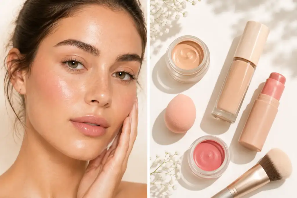 Maquillaje efecto piel real con acabado natural y luminoso Maquillaje efecto piel real con acabado natural, productos de belleza ligeros y piel luminosa de aspecto saludable.