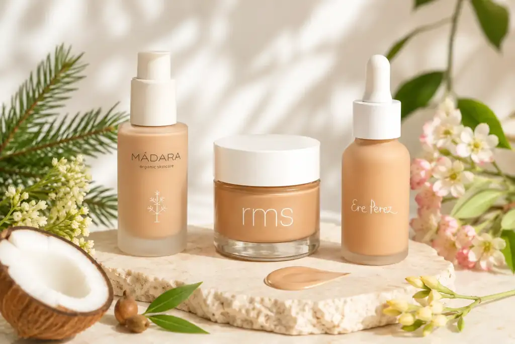 Maquillaje premium sin siliconas: las marcas que lideran la tendencia clean beauty Productos de maquillaje premium sin siliconas inspirados en marcas de cosmética natural como Mádara, RMS Beauty y Ere Perez.