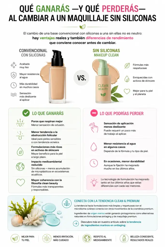 Qué ganarás y qué perderás al cambiar a un maquillaje sin siliconas Infografía comparativa sobre las ventajas y desventajas de cambiar de un maquillaje convencional con siliconas a un maquillaje clean beauty sin siliconas.