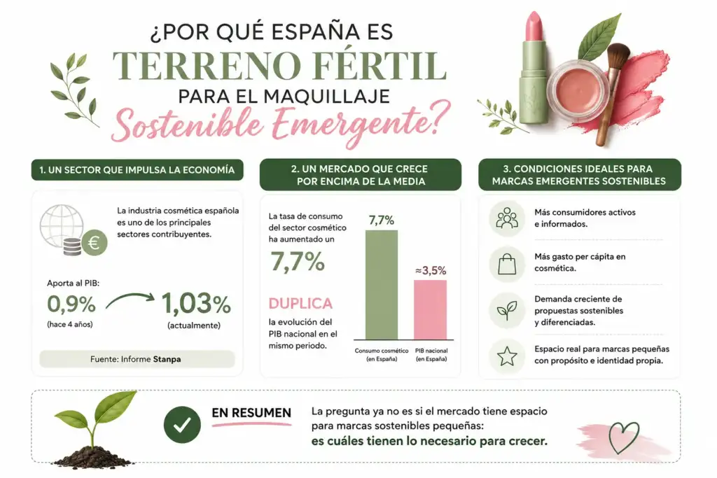 Infografía sobre el crecimiento del mercado cosmético español y las oportunidades para las marcas emergentes de maquillaje sostenible.