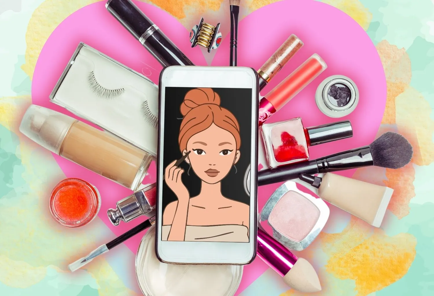 Aplicación de maquillaje virtual en un smartphone rodeado de productos cosméticos como bases, pinceles, sombras, esmaltes y pestañas postizas.