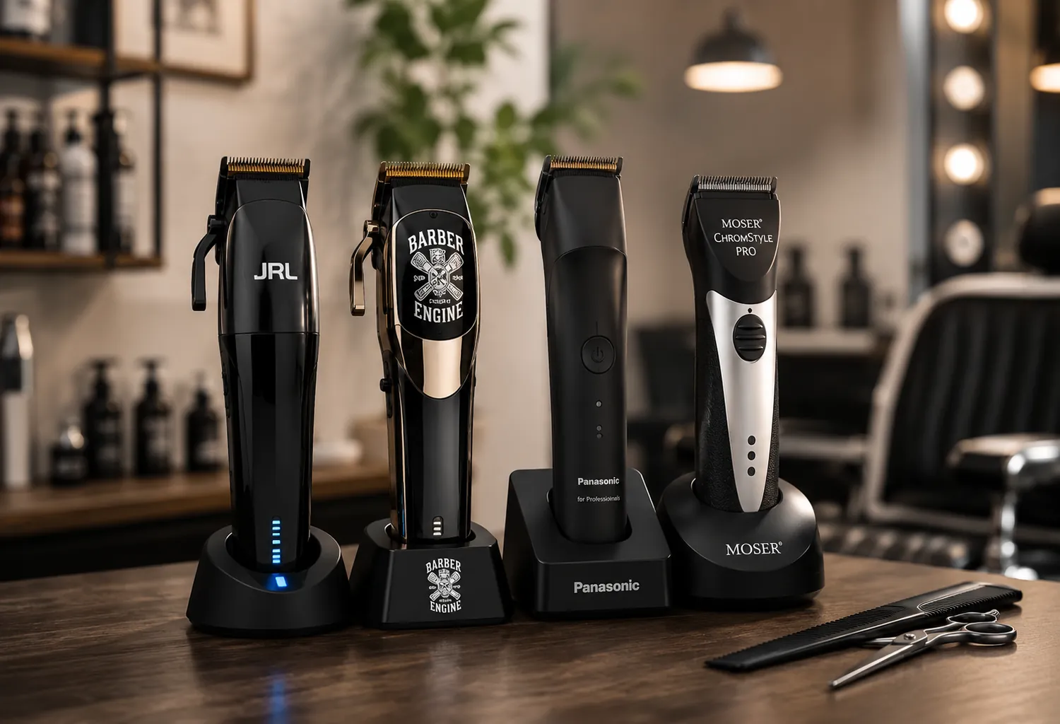 Máquinas de barbería profesionales silenciosas de última generación sobre una mesa de trabajo en un salón moderno, representando las tendencias de maquinaria profesional de 2026.