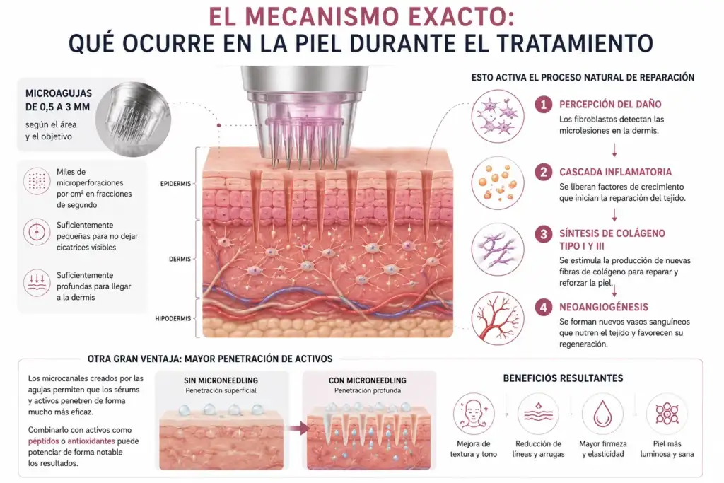 Mecanismo del microneedling y regeneración de la piel Infografía que explica cómo actúa el microneedling en la piel mediante microperforaciones que estimulan la producción de colágeno y favorecen la regeneración cutánea.