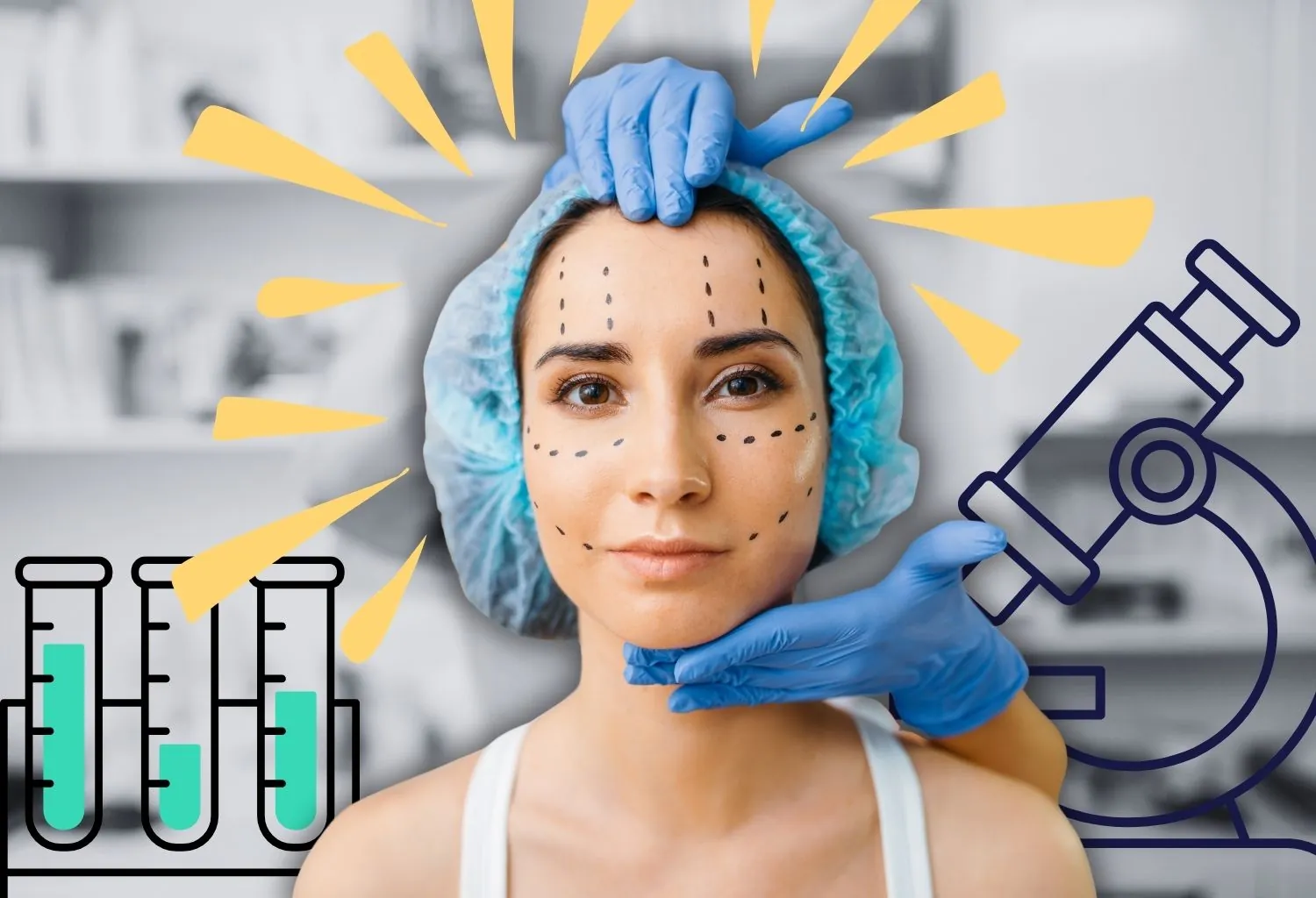 Paciente en consulta de medicina estética regenerativa con marcaje facial y elementos gráficos relacionados con investigación científica y biotecnología.