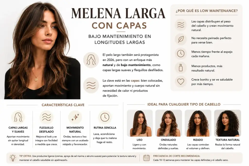 Infografía sobre la melena larga con capas como tendencia low maintenance hair, destacando sus ventajas, movimiento natural y facilidad de mantenimiento.