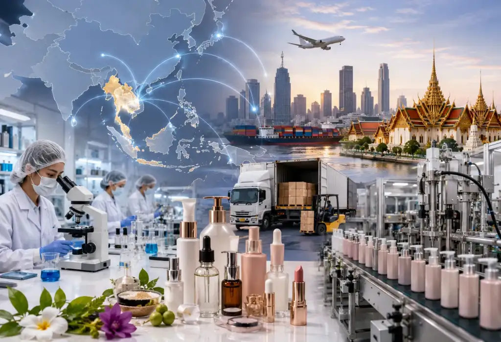 Mercado de la belleza en el Sudeste Asiático y crecimiento del sector cosmético ASEAN Mapa del Sudeste Asiático rodeado de productos cosméticos, laboratorio, fabricación industrial y logística internacional que representa el crecimiento del mercado de belleza ASEAN.