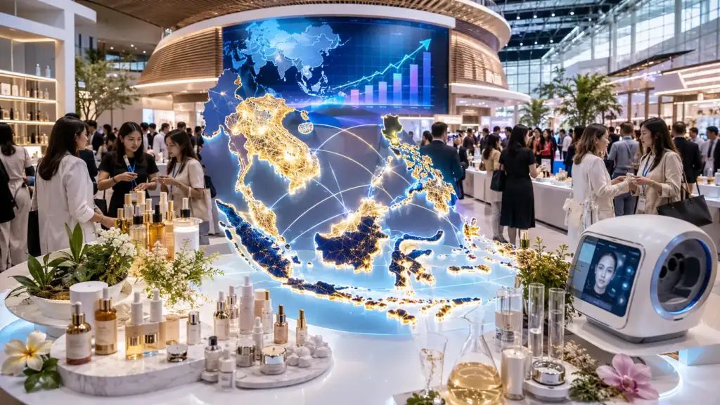 El mercado de la belleza en el sudeste asiático: crecimiento y oportunidades en ASEAN Imagen representativa del crecimiento de la industria de la belleza en el sudeste asiático, con un mapa iluminado de ASEAN rodeado de productos cosméticos, tecnología estética y profesionales del sector en una feria internacional.