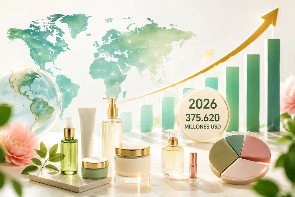 Mercado cosmético mundial 2026: crecimiento y expansión global Imagen conceptual del crecimiento del mercado cosmético mundial en 2026 con productos de belleza, mapa global y gráfico ascendente que representa la expansión internacional del sector.