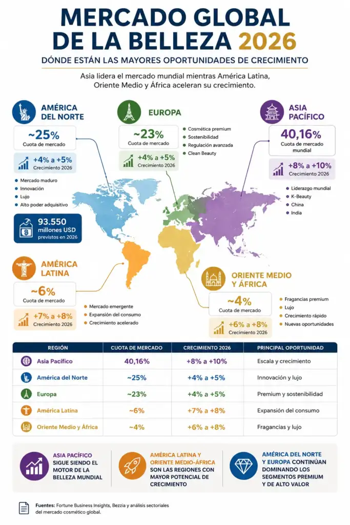 Mercado global de la belleza 2026: oportunidades de crecimiento por regiones Infografía del mercado global de la belleza en 2026 con datos de cuota de mercado, crecimiento previsto y oportunidades en Asia Pacífico, América del Norte, Europa, América Latina y Oriente Medio y África.