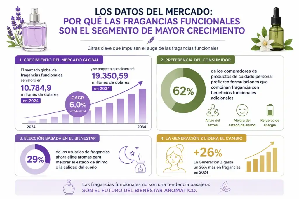 Crecimiento del mercado de fragancias funcionales y tendencias de consumo Infografía sobre el crecimiento del mercado de fragancias funcionales y las preferencias de los consumidores por aromas con beneficios emocionales