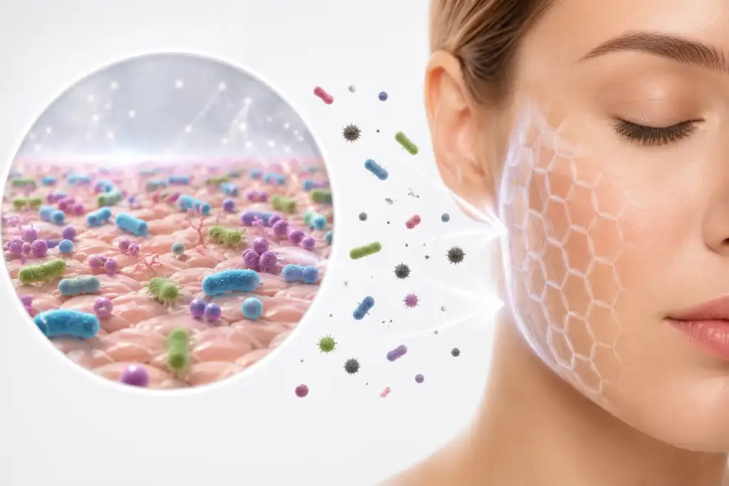 Microbioma cutáneo y piel sensible: el equilibrio que protege la piel Ilustración conceptual del microbioma cutáneo mostrando microorganismos beneficiosos sobre la superficie de la piel y una barrera protectora asociada a una piel sana y equilibrada.