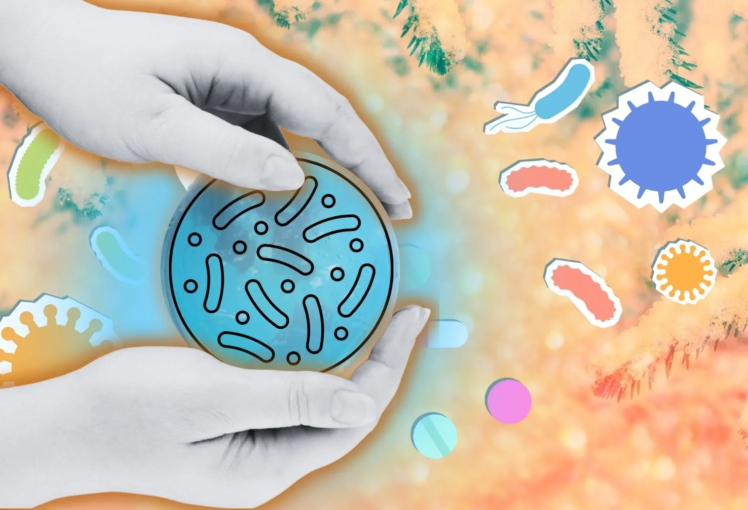 Representación visual de la microbiota cutánea con bacterias beneficiosas y microorganismos sobre la superficie de la piel relacionada con la cosmética probiótica.