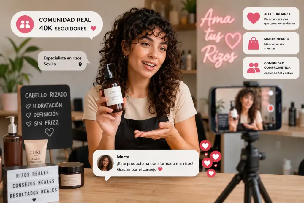 Microinfluencer capilar especializada en cabello rizado Especialista en cabello rizado grabando contenido para redes sociales mientras recomienda productos capilares a su comunidad de seguidores.