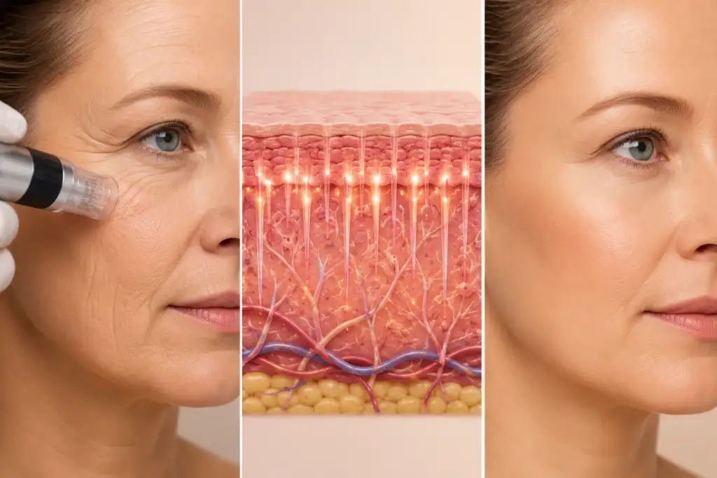 Microneedling para arrugas y líneas de expresión Imagen representativa del microneedling para arrugas y líneas de expresión mostrando el antes y después del tratamiento y la estimulación de colágeno en la piel.