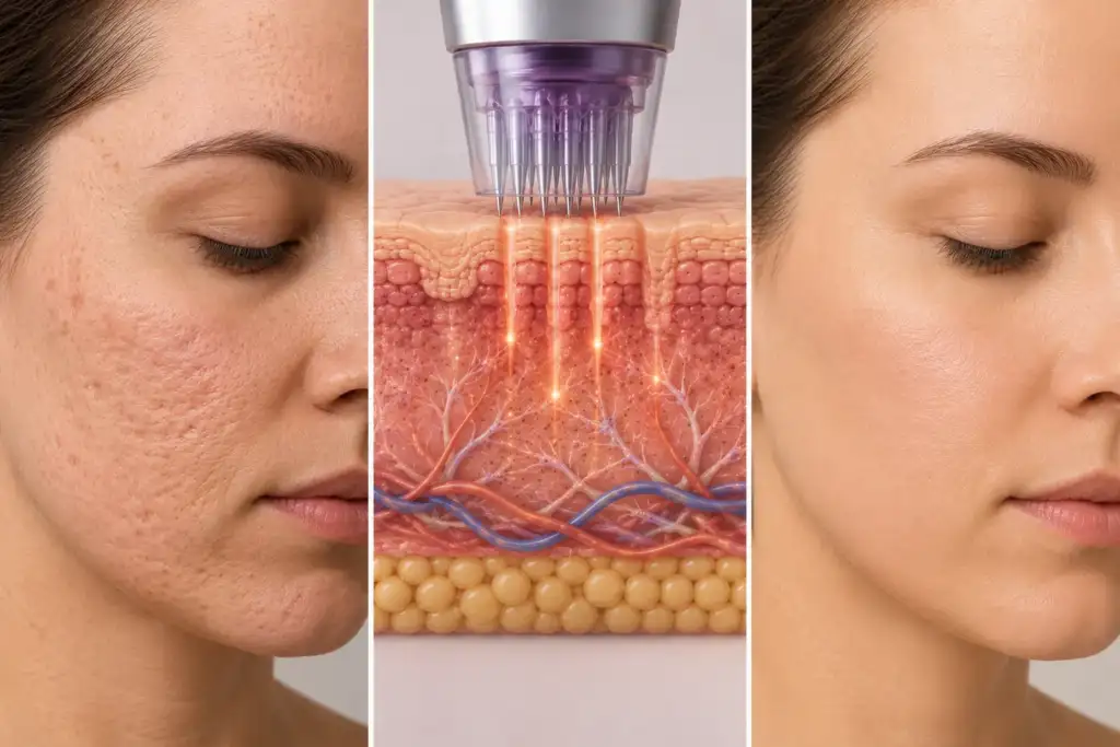Microneedling para cicatrices de acné y poros dilatados Comparativa visual del tratamiento de microneedling para cicatrices de acné y poros dilatados, mostrando la regeneración de la piel y la mejora progresiva de la textura cutánea.