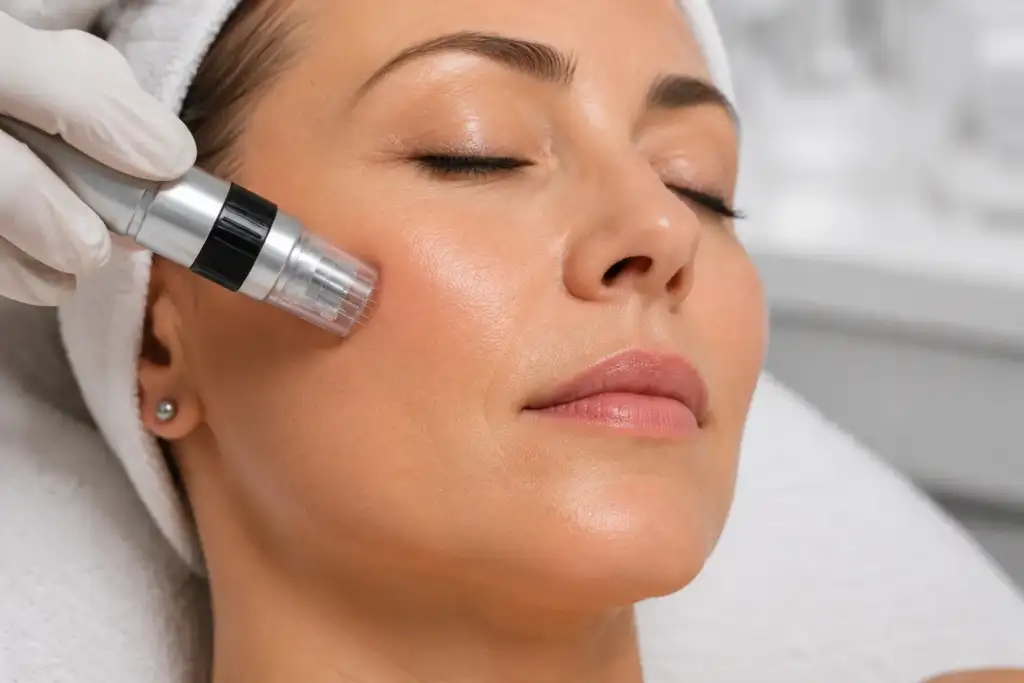 Microneedling facial para estimular colágeno y elastina Primer plano de un tratamiento de microneedling facial realizado con dermapen sobre la mejilla de una mujer para estimular la producción natural de colágeno y elastina.