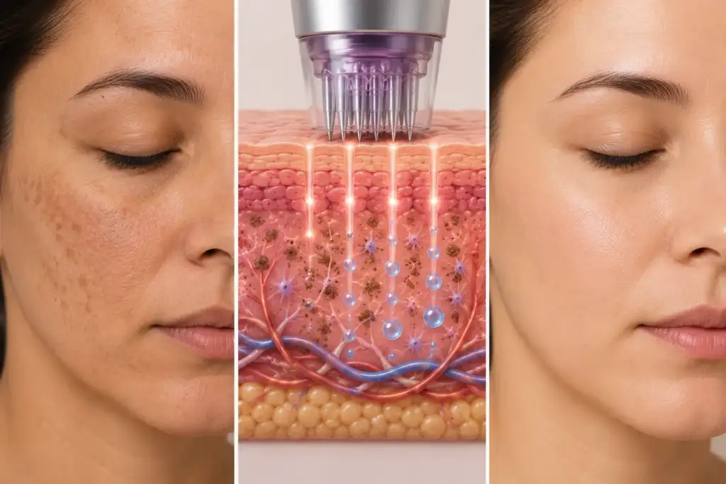 Microneedling para manchas e hiperpigmentación: regeneración y unificación del tono de la piel Comparativa visual del tratamiento de microneedling para manchas e hiperpigmentación con representación de la acción de las microagujas y mejora del tono uniforme de la piel.