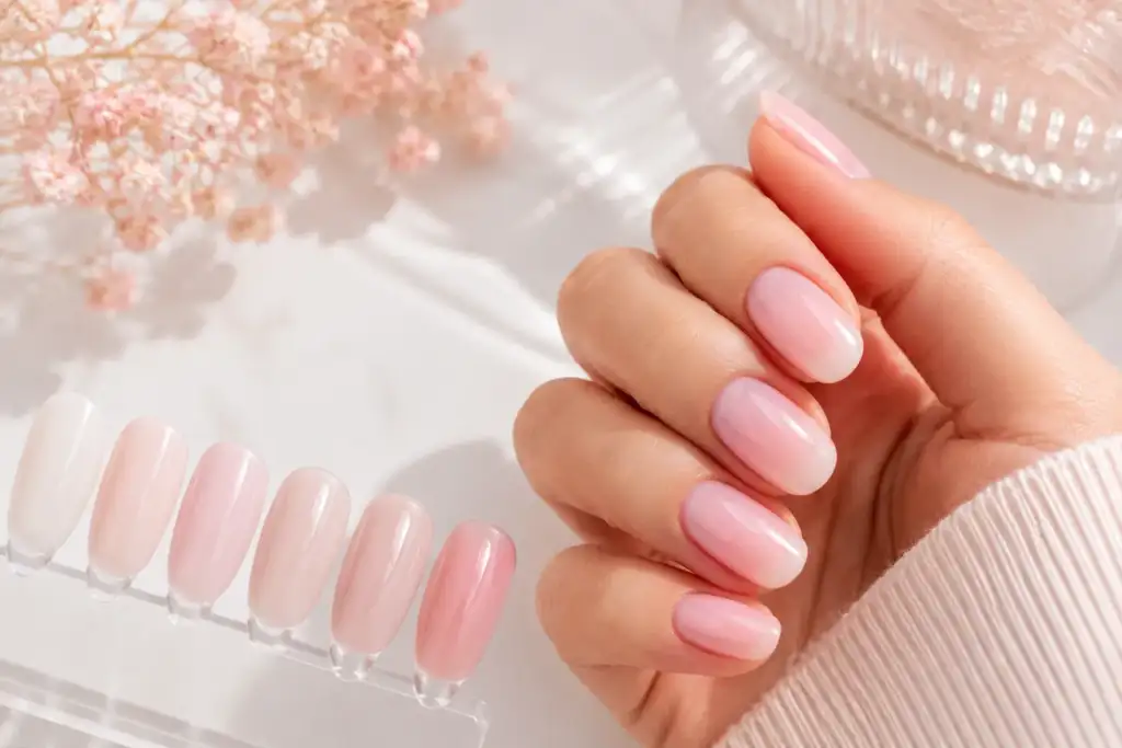 Milky rosé nails: manicura rosa translúcida tendencia 2026 Manicura milky rosé con acabado translúcido y brillante en tonos rosa suave, mostrando el efecto lechoso característico de esta tendencia de uñas.