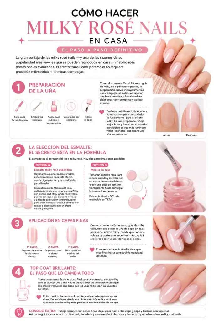 Milky Rosé Nails en casa paso a paso Infografía sobre cómo hacer milky rosé nails en casa con preparación de la uña, esmalte translúcido, aplicación por capas y acabado con top coat brillante.