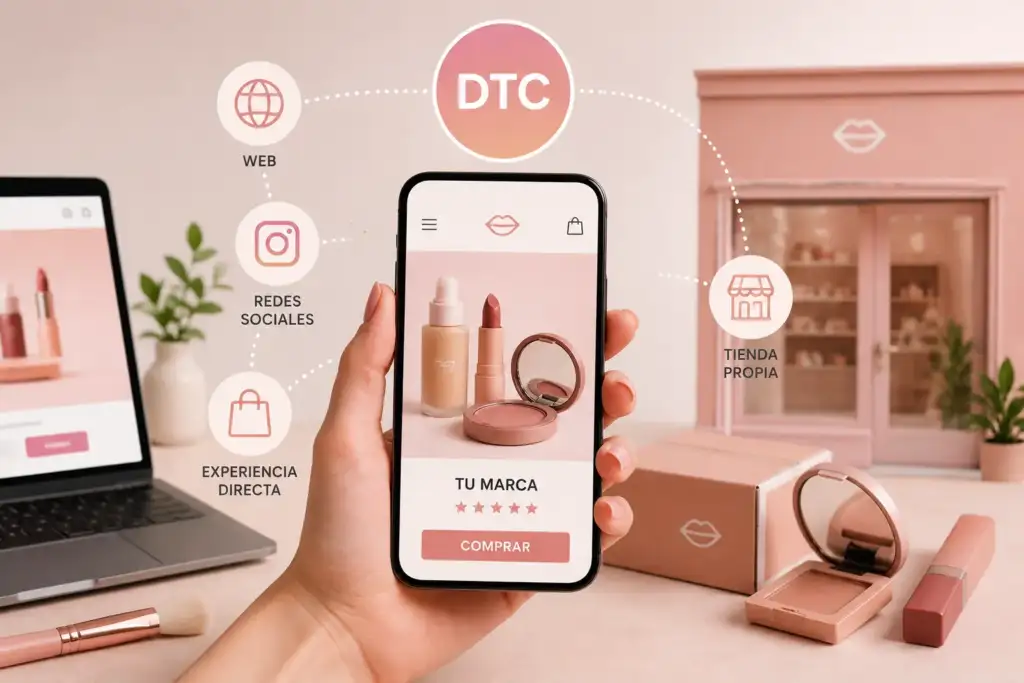 Qué es el modelo DTC en maquillaje y cómo funciona Ilustración del modelo DTC en maquillaje mostrando compra directa desde móvil, ecommerce propio, redes sociales y tienda física de marca.