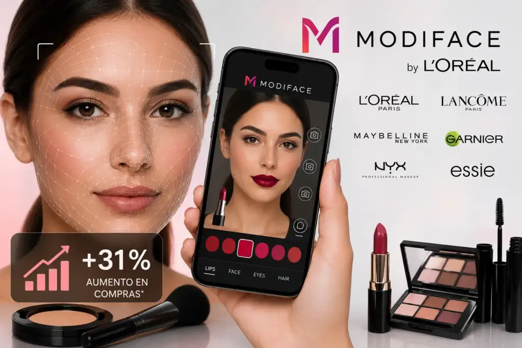 ModiFace: la tecnología de realidad aumentada que impulsa la belleza digital Aplicación ModiFace mostrando una prueba virtual de maquillaje mediante reconocimiento facial y realidad aumentada.