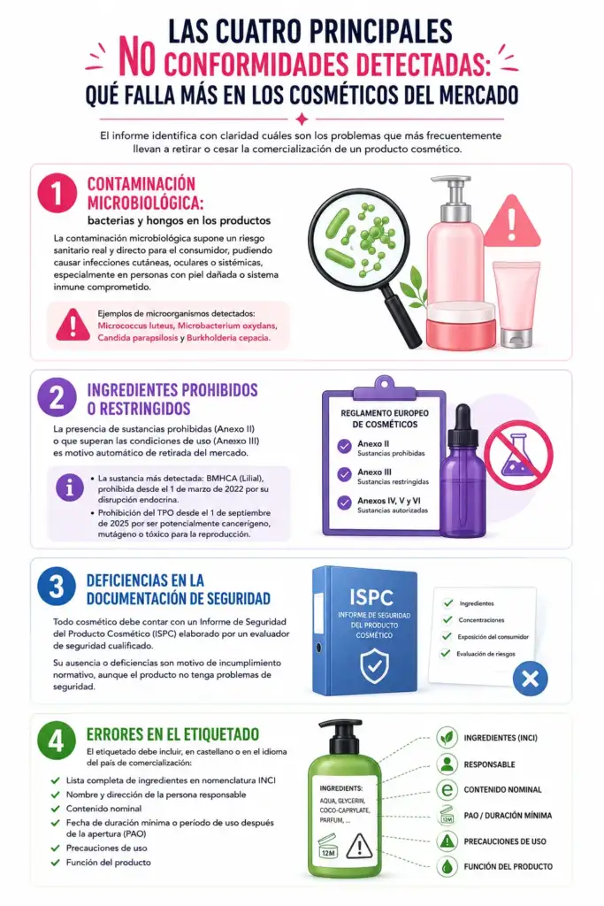 Las principales no conformidades detectadas en cosméticos Infografía sobre las cuatro principales no conformidades detectadas en cosméticos: contaminación microbiológica, ingredientes prohibidos, deficiencias en la documentación de seguridad y errores en el etiquetado.