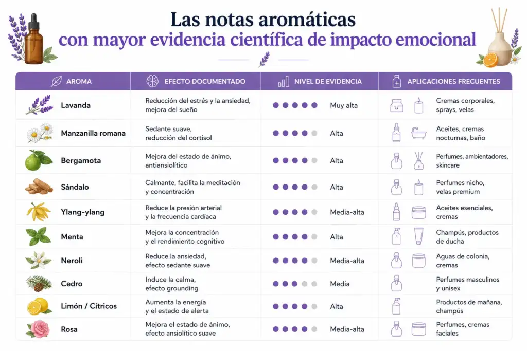 Notas aromáticas con mayor evidencia científica de impacto emocional Infografía sobre aromas con evidencia científica de beneficios emocionales como lavanda, bergamota, sándalo, menta y manzanilla